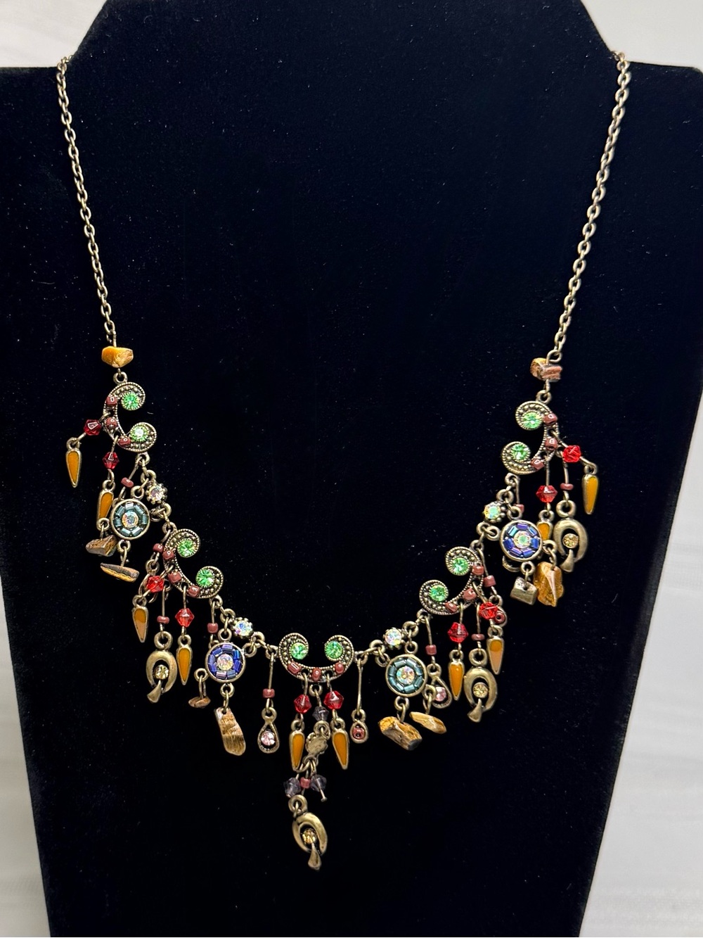 VTG Boho Charm Statement Bib Necklace Multicolor Rhinestone Dangle Antique Gold